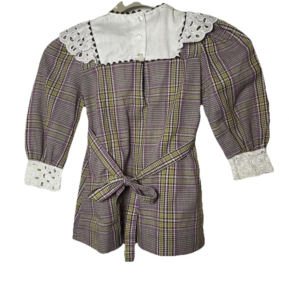 Girls VTG Dress Sz 5 Embroidered Mouse Lace‎ Collar Sleeves Gingham Print Tie